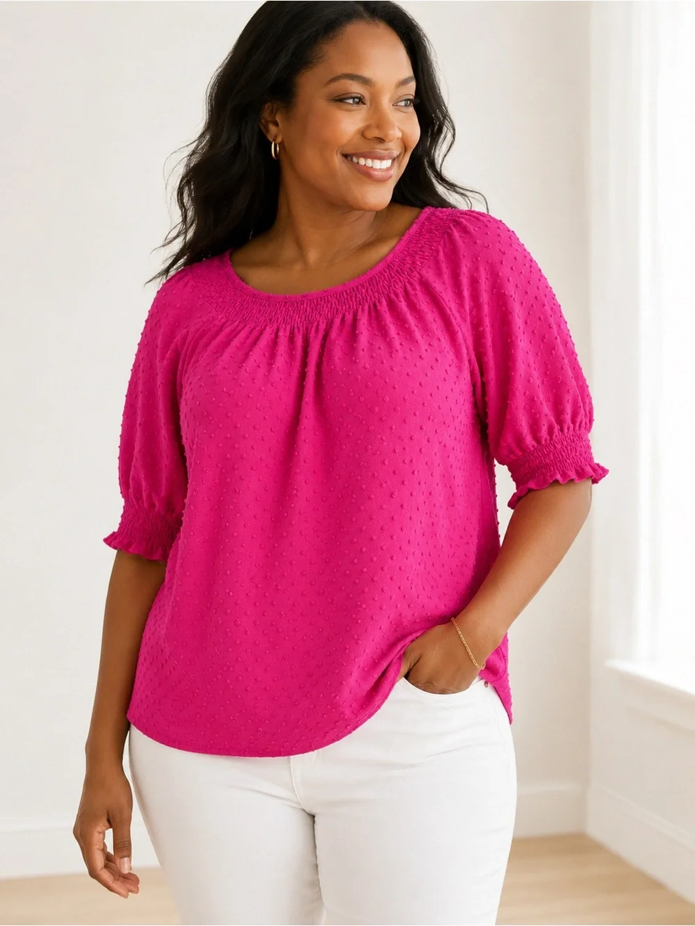 J. Crew Women's Textured Swiss Dot Scoop Neck Top Puff sleeve— Fuchsia